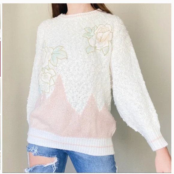 Jaclyn Smith VTG Knit Sweater Women's Large Beaded Floral Cream Pink Long Sleeve - Picture 2 of 16